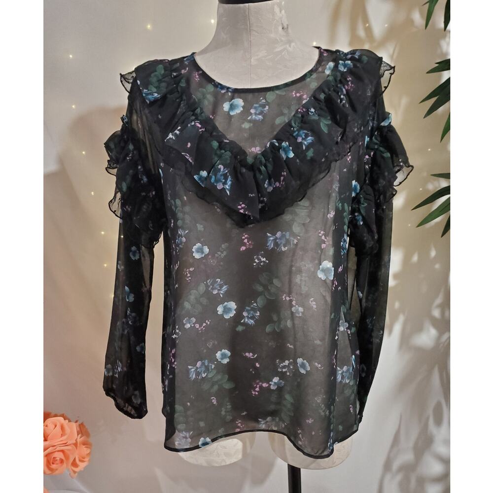 MICHAEL Michael Kors Womens Sheer Dark Floral Ruffle Blouse Top Size L Romantic